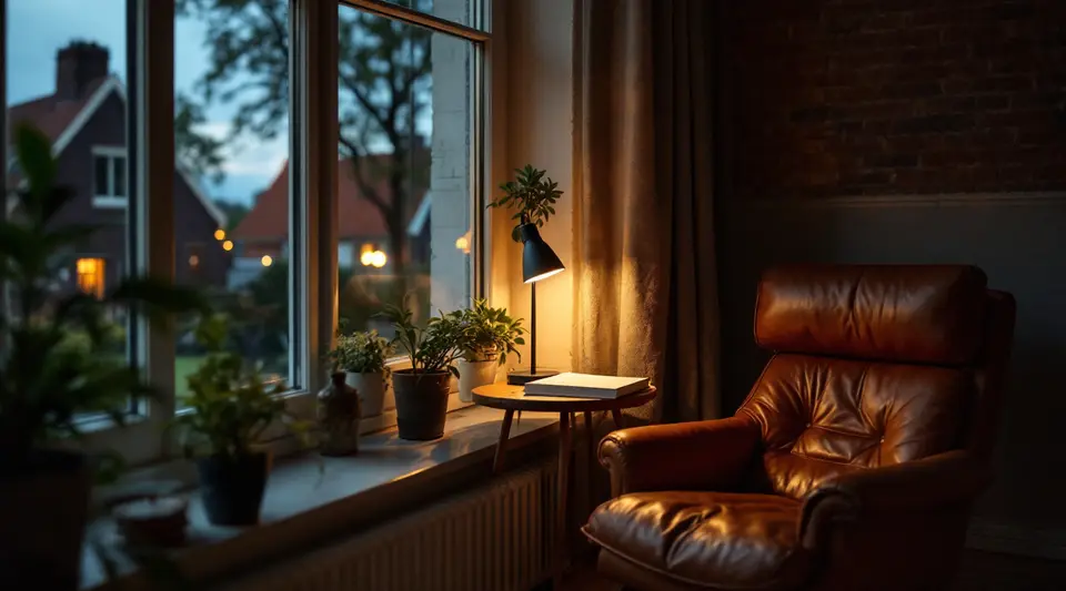 Een leren leesstoel bij een hoog raam in een woonkamer bij schemering, met een brandende lamp op een bijzettafel
