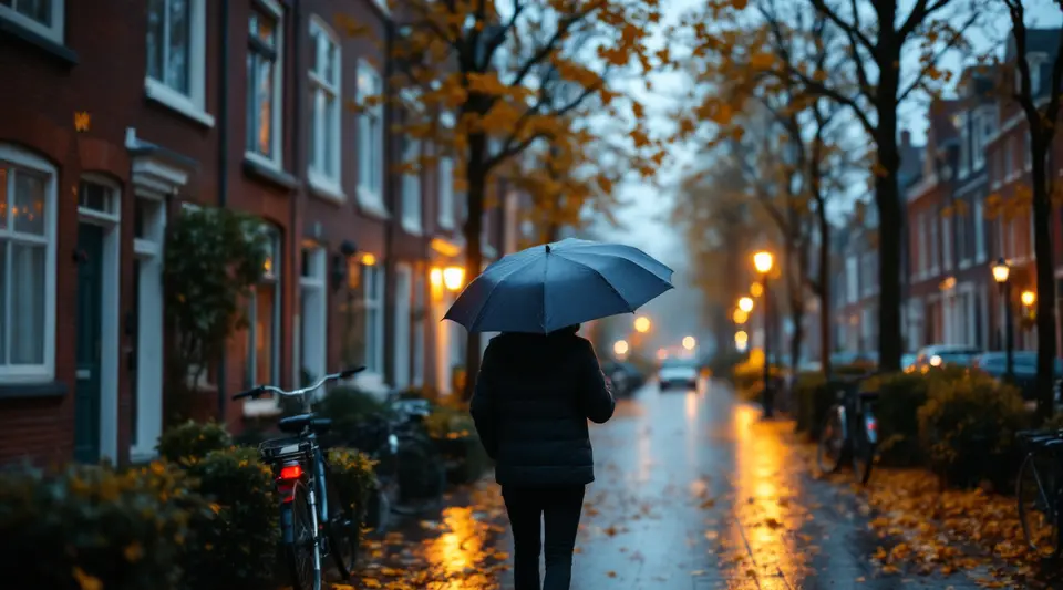 Iemand met een paraplu loopt van achteren gezien door een natte straat met bakstenen huizen op een herfstavond
