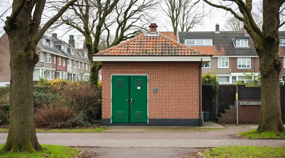 Een klein bakstenen transformatorhuisje met groene deuren tussen de bomen in een woonwijk