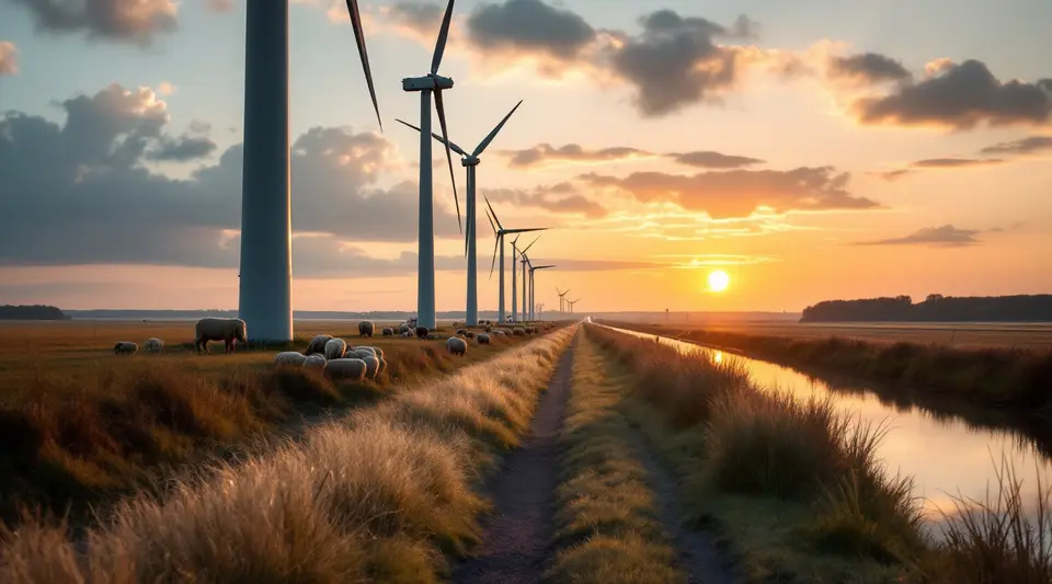 Een rij windturbines langs een dijk bij zonsondergang, met schapen op de dijk en een vaart die de lucht weerspiegelt