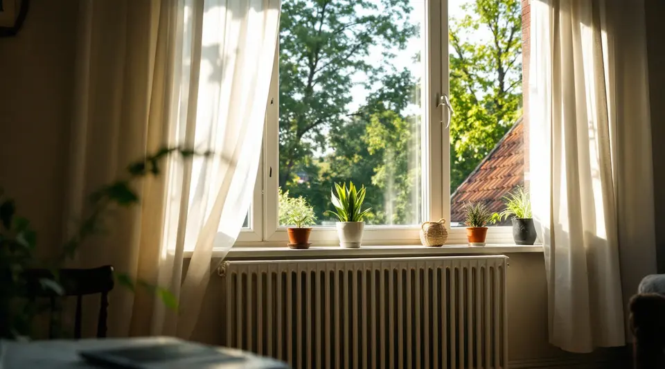 Een woonkamer op een zomermiddag met een wijd open raam, een wapperend vitrage en een radiator die uit staat