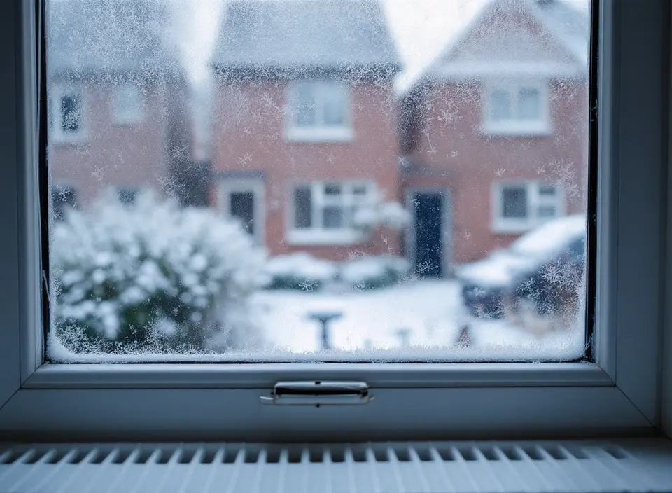 IJsbloemen op een enkel glazen ruit op een winterochtend, met een radiator onder de vensterbank en besneeuwde huizen buiten