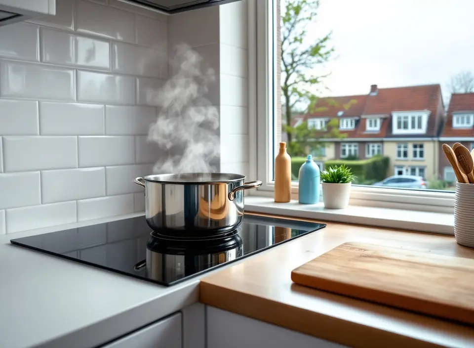 Een pan met stoom op een inductiekookplaat in een kleine keuken met witte tegels, bij een raam met uitzicht op rijtjeshuizen