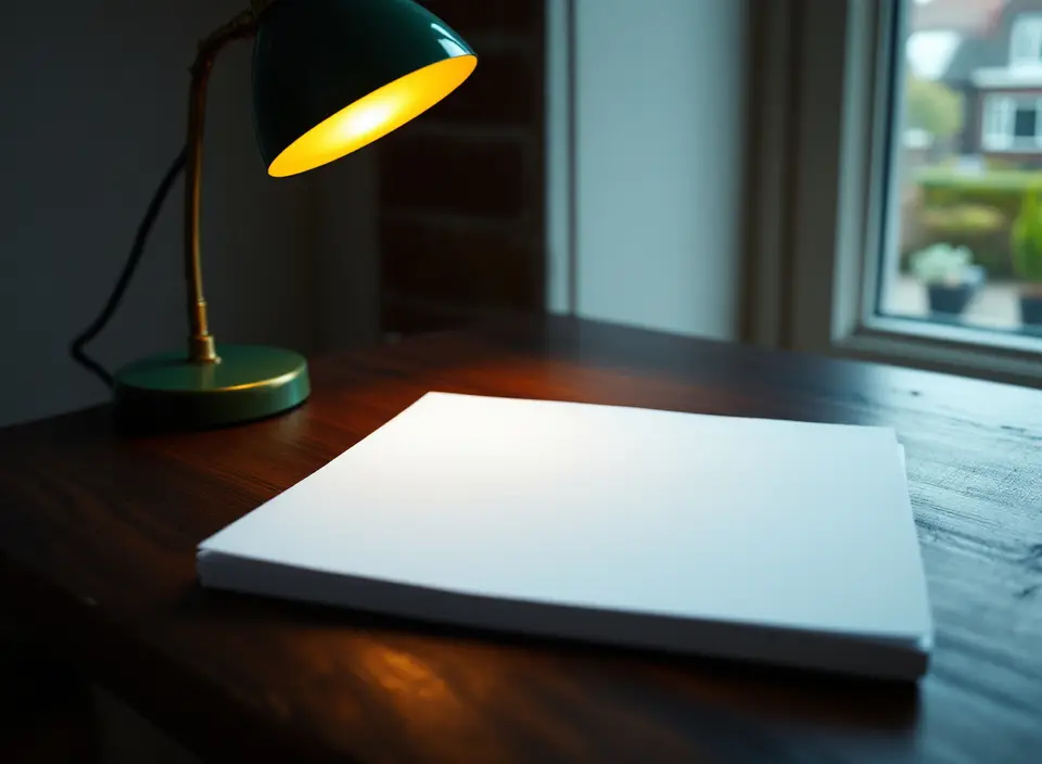 Een koperen vergrootglas op een stapel blanco papier op een donker houten bureau, onder een groene bureaulamp
