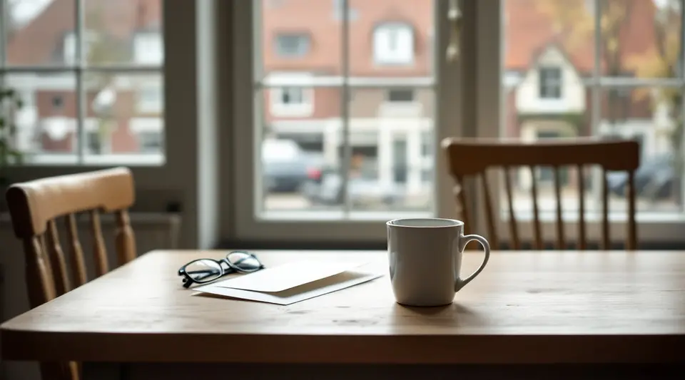 Een houten keukentafel bij het raam in de ochtend, met een ongeopende witte envelop, een leesbril en een mok koffie; buiten bakstenen huizen aan de overkant