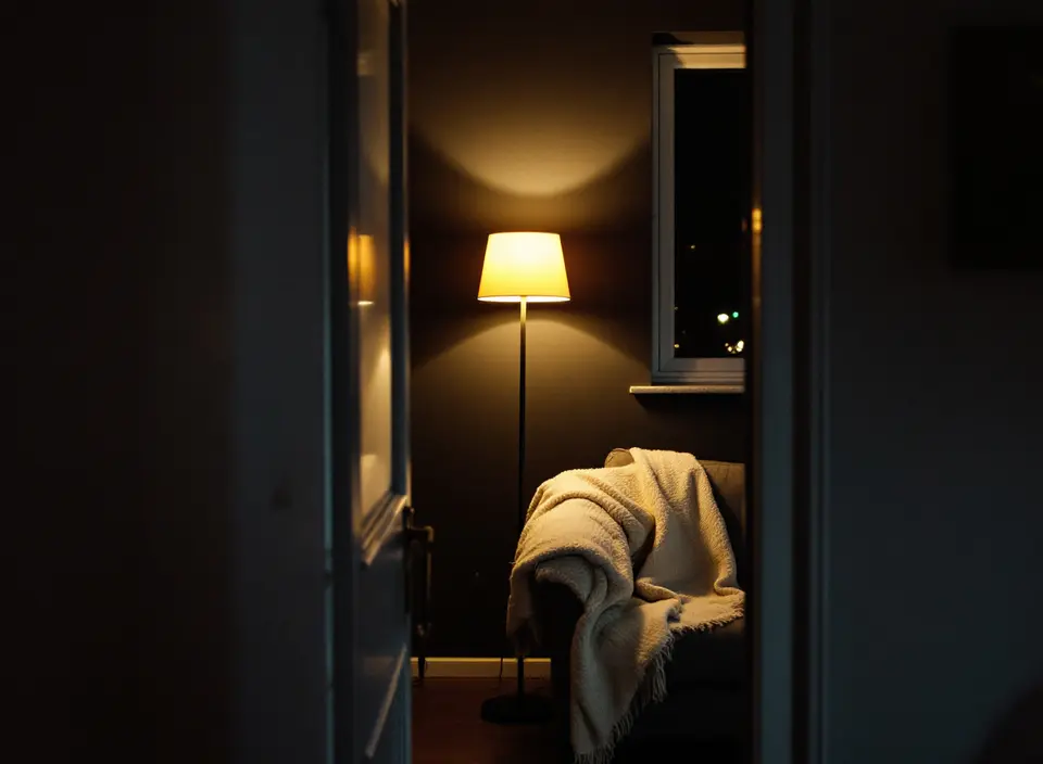 Een donkere woonkamer in de avond met alleen een staande lamp aan naast een bank met een wollen plaid